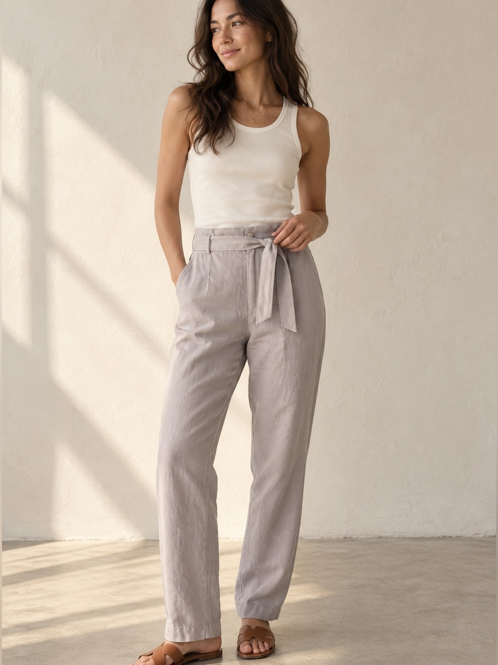 ARITZIA Wilfred High Rise Belted Linen Lyocell Pants Lavender Gray Size Small